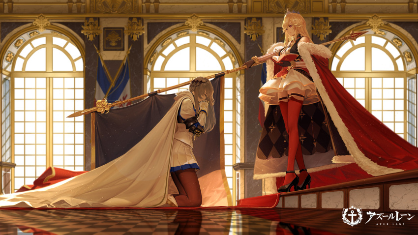 2girls absurdres armor azur_lane blonde_hair book breasts brown_pantyhose cape commentary corset dishwasher1910 dress fur-trimmed_cape fur_trim gauntlets gloves grey_hair hair_between_eyes hair_ornament high_heels highres holding holding_book indoors kneeling knighting large_breasts long_hair miniskirt multiple_girls official_art own_hands_together pantyhose pleated_skirt red_eyes red_thighhighs richelieu_(azur_lane) saint-louis_(azur_lane) scenery sidelocks skirt standing striped striped_sleeves thighhighs tiara vertical-striped_sleeves vertical_stripes weapon white_skirt