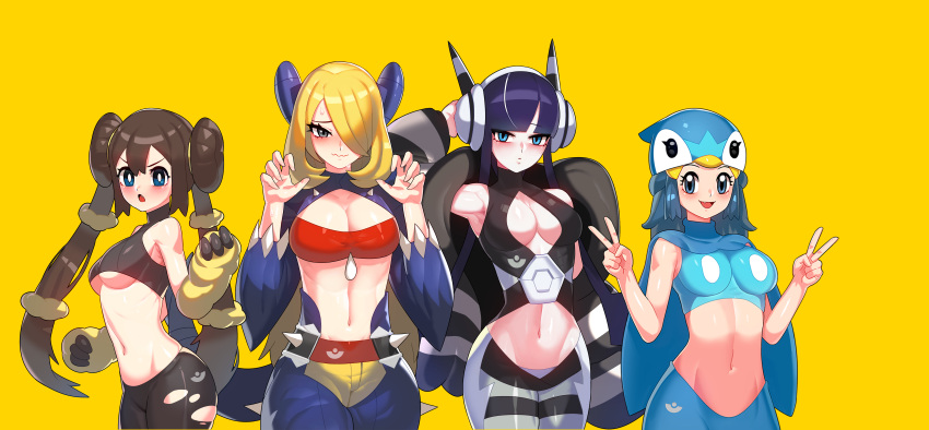 4girls absurdres animal_print arms_up bare_shoulders black_hair blonde_hair blue_eyes blue_hair breasts brown_hair capelet cosplay cynthia_(pokemon) dawn_(pokemon) double_v drunkoak elesa_(pokemon) fur-trimmed_jacket fur_trim garchomp garchomp_(cosplay) hands_up headgear highres jacket korean_commentary lopunny lopunny_(cosplay) military military_uniform multiple_girls naval_uniform open_mouth pantyhose piplup piplup_(cosplay) pokemon pokemon_bw2 pokemon_dppt rosa_(pokemon) skin_tight smile torn_clothes torn_pantyhose twintails uniform v yellow_background zebra_print zebstrika