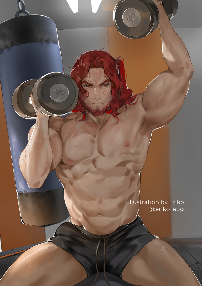 1boy abs absurdres bara beard black_shorts closed_mouth commentary crepus_(genshin_impact) dumbbell erikochama exercising facial_hair genshin_impact gym gym_shorts highres holding indoors large_pectorals long_hair male_focus mature_male muscular muscular_male navel nipples pectorals red_eyes shorts sitting solo sweat sweatdrop topless_male weightlifting