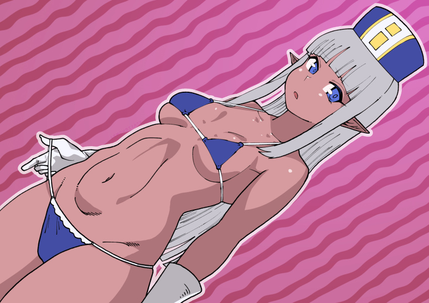 bikini blue_bikini blue_eyes blue_hat blunt_bangs breasts collarbone dark-skinned_female dark_skin dutch_angle female gloves grey_hair hat highres karla_(kono_healer_mendokusai) kono_healer_mendokusai lemonbizate long_hair looking_at_viewer medium_breasts micro_bikini mitre navel open_mouth pink_background shiny_skin solo stomach strap_pull swimsuit very_long_hair white_gloves