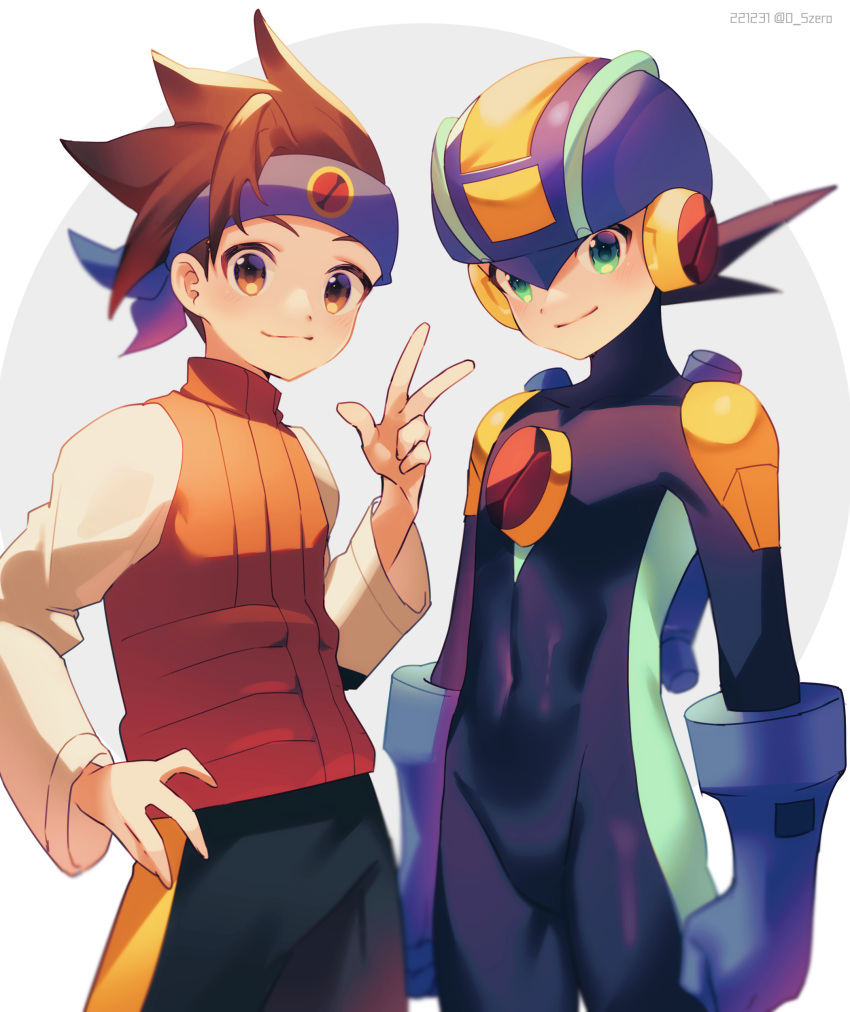 2boys absurdres arms_at_sides black_shorts blue_headband blue_helmet blurry blush bodysuit brothers brown_eyes brown_hair closed_mouth covered_navel dated depth_of_field green_eyes grey_background hand_on_own_hip hand_up headband helmet highres lan_hikari_(mega_man) long_sleeves looking_at_viewer male_focus mega_man_(series) mega_man_battle_network_(series) megaman.exe multiple_boys netnavi orange_vest shirt short_hair shorts siblings side-by-side smile spiked_hair standing turtleneck twins twitter_username two-tone_background vest w white_background white_shirt zero-go