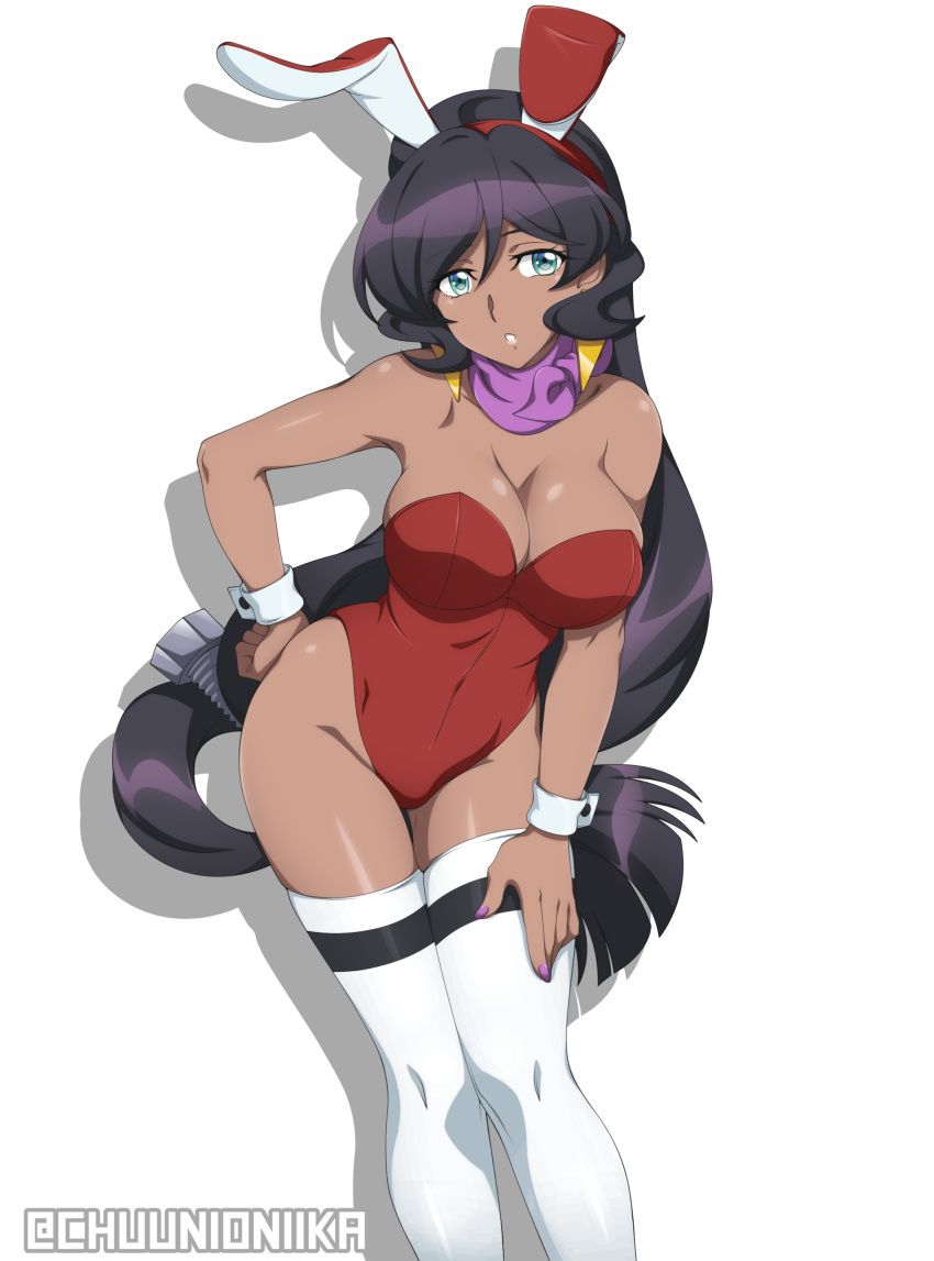 absurdres animal_ears aqua_eyes artist_name black_hair breasts chuunioniika cleavage commentary earrings english_commentary fake_animal_ears female highres jewelry large_breasts leotard long_hair looking_at_viewer playboy_bunny rabbit_ears red_leotard scarf senki_zesshou_symphogear shiny_skin simple_background solo standing strapless strapless_leotard thighhighs vanessa_(symphogear) white_background