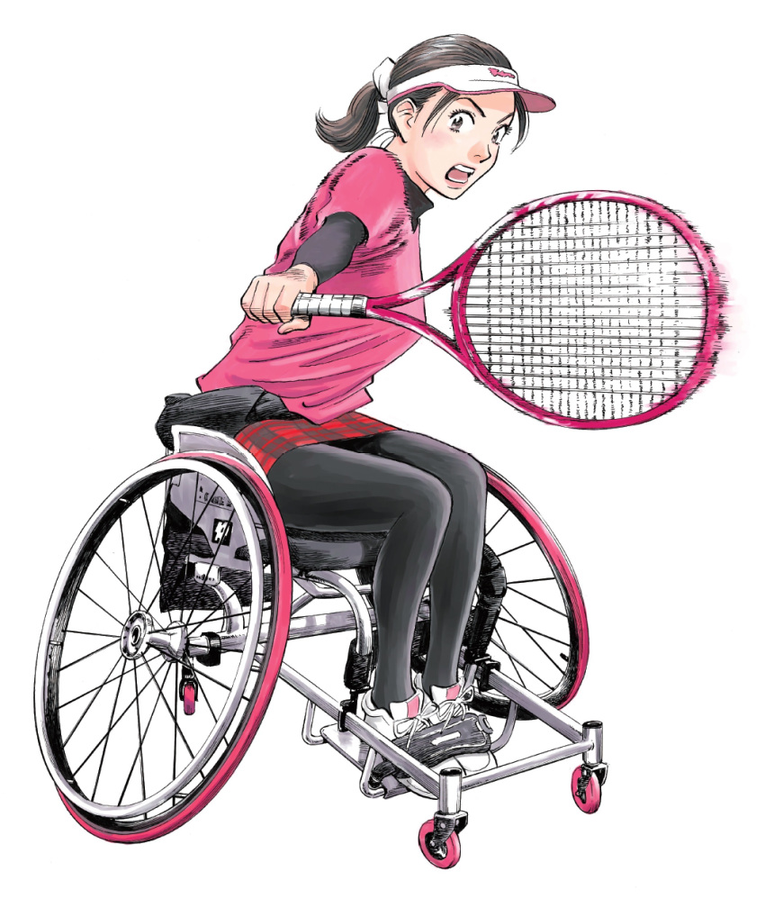 absurdres brown_eyes brown_hair commentary_request female full_body highres miniskirt olympics pants pants_under_skirt paralympics pink_lips plaid plaid_skirt ponytail racket shoes skirt sneakers solo tennis_racket urasawa_naoki visor_cap wheelchair yoga_pants