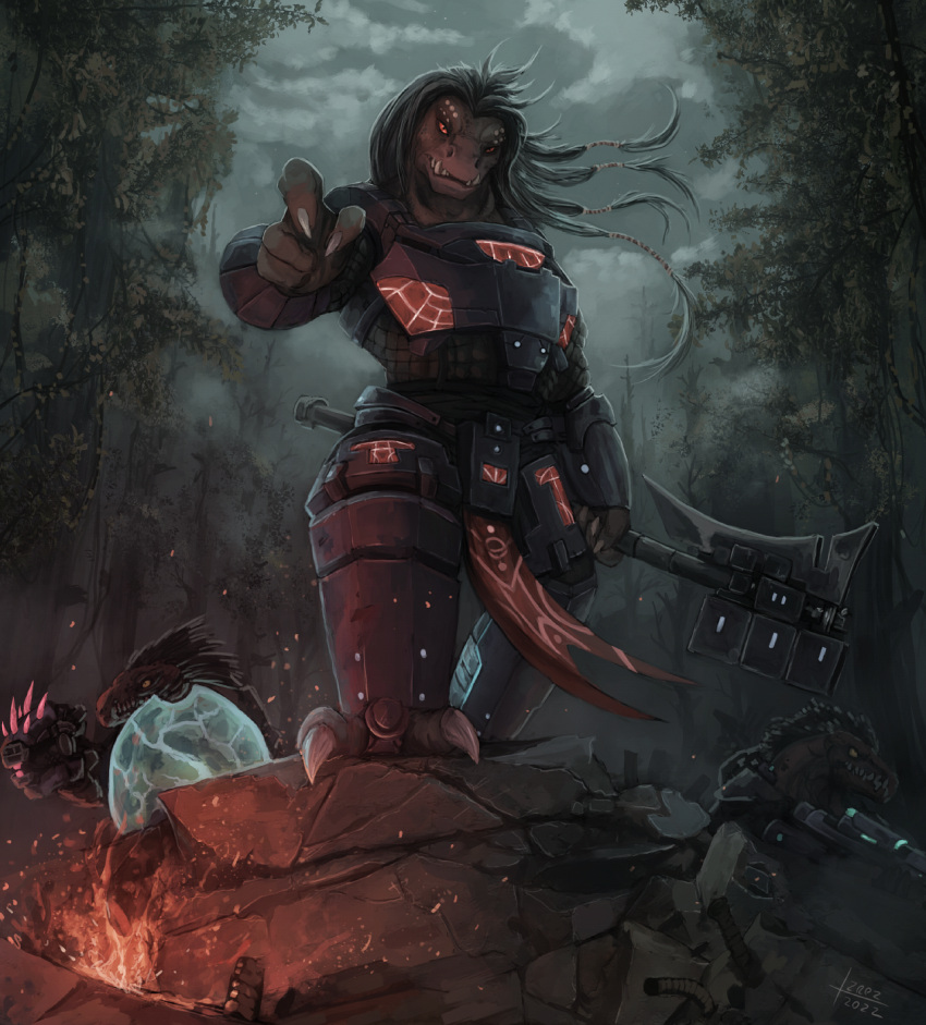 2_toes 3_fingers 4_fingers alien ambiguous_gender anthro armor black_hair body_armor bottomwear claws clothed clothing codpiece colored cuirass energy_shield fangs feet female finger_claws fingers fire forest forest_background gesture gravity_hammer group gun hair halo_(series) hand_gesture head_crest hi_res holding_gun holding_melee_weapon holding_object holding_ranged_weapon holding_weapon ibie'shan izrez jiralhanae kig-yar loincloth long_hair looking_at_viewer low-angle_view melee_weapon microsoft nature nature_background needler perspective plant pointing pointing_at_viewer raised_leg ranged_weapon rubble scales scalie shaded sky spines standing teeth toes tree trio tusks weapon xbox_game_studios yellow_eyes