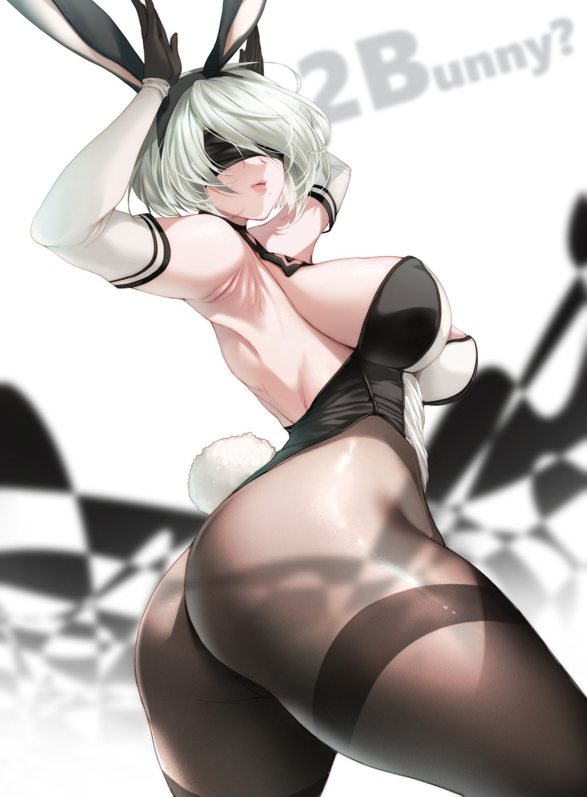 2b_(nier:automata) animal_ears armpits ass back bare_shoulders black_blindfold blindfold blurry blurry_background breasts elbow_gloves female gloves hatori_mia highres large_breasts leotard mole mole_under_mouth nier:automata nier_(series) pantyhose playboy_bunny rabbit_ears rabbit_pose sideboob solo thick_thighs thighband_pantyhose thighs white_background white_hair