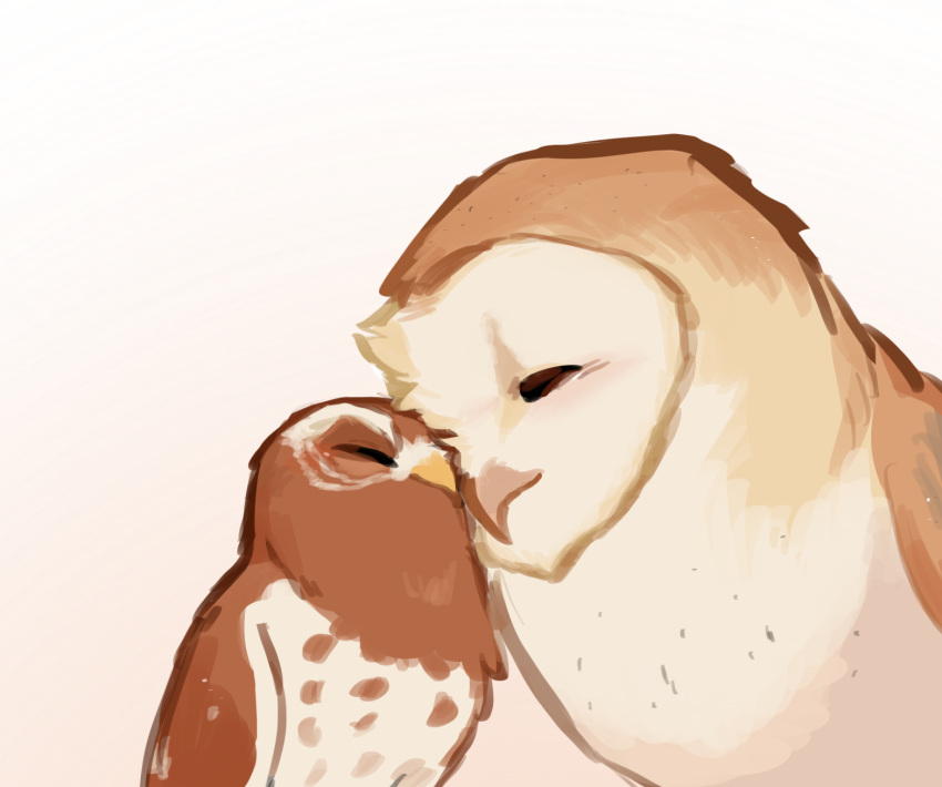 2022 avian barn_owl beak bird brown_body brown_feathers closed_eyes digital_media_(artwork) digital_painting_(artwork) duo elf_owl feathered_wings feathers female feral guardians_of_ga'hoole gylfie hi_res male male/female owl pink_beak pruh simple_background soren_(gogh) tan_body tan_feathers true_owl tyto tytonid white_background white_body white_feathers wings yellow_beak