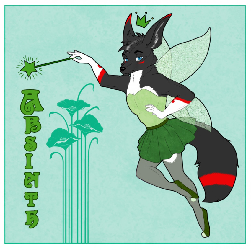 absinthe absinthe_(drink) alcohol anthro beverage clothed clothing crossdressing digital_media_(artwork) dunnowhattowrite fairy femboy fur green_fairy hair hi_res insect_wings label male pasterz pokefox solo wand wings