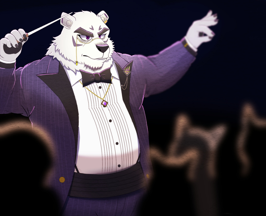 2021 anthro bear belly borealis_(live_a_hero) bottomwear bow_tie clothing fur group hi_res humanoid_hands inugamihito kemono lifewonders live_a_hero male mammal overweight overweight_male pants polar_bear purple_eyes shirt solo_focus topwear ursine white_body white_fur