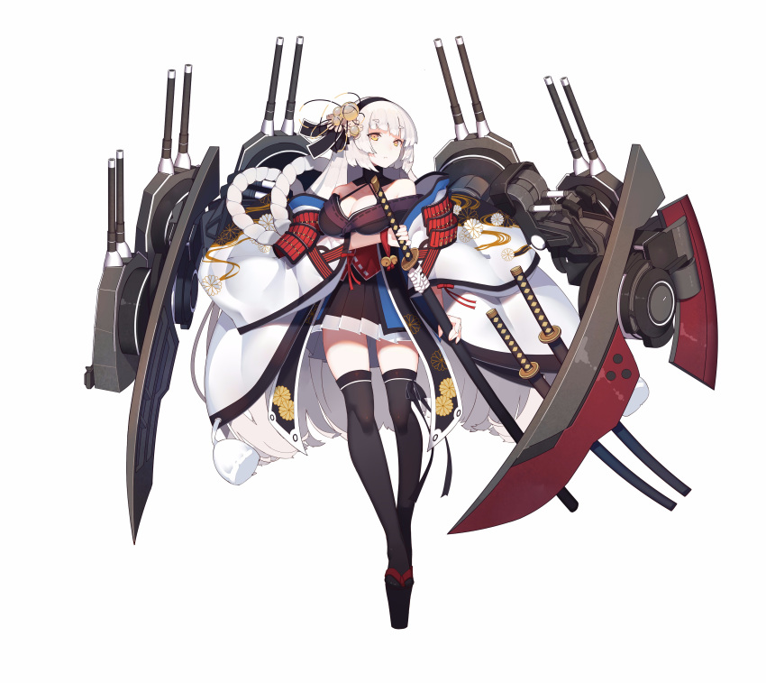 absurdres bare_shoulders bell black_footwear breasts cannon cleavage copyright_request female full_body highres katana platform_footwear rain_lan ship sword thighhighs watercraft weapon white_background white_hair yellow_eyes zettai_ryouiki