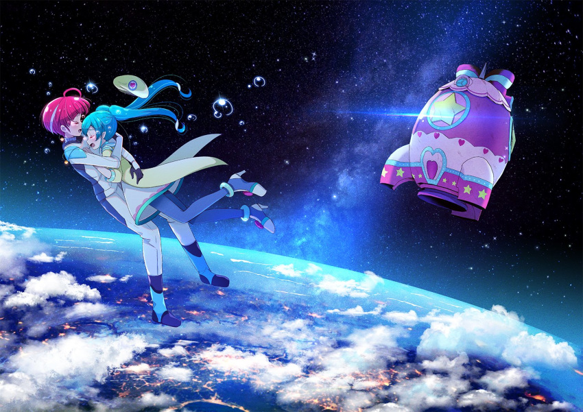 2girls a.i._(precure) aged_up ahoge antennae aqua_eyes aqua_hair astronaut beret closed_eyes cloud commentary crying dress earth_(planet) floating floating_hair floating_hat hagoromo_lala hat head_on_chest heart heart_print high_heels hoshina_hikaru hug in_orbit juugoya_neko lens_flare long_hair milky_way multicolored_hair multiple_girls nebula official_alternate_hair_length official_alternate_hairstyle open_mouth pantyhose pink_hair planet pointy_ears precure short_hair sky space spacecraft spacesuit star_(sky) star_(symbol) star_print star_twinkle_precure starry_sky streaked_hair tears twintails zero_gravity