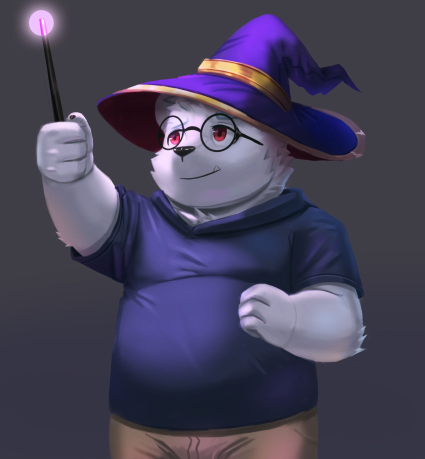 2021 aipangpangdeyua anthro bear bottomwear clothing eyewear fur glasses hat headgear headwear hi_res hoodie humanoid_hands kemono magic magic_user magic_wand male mammal overweight overweight_anthro overweight_male polar_bear shorts solo topwear ursine white_body white_fur wizard_hat