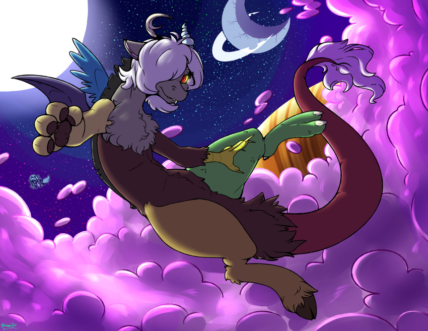 2020 absurd_res alternate_version_at_source anthro antlers chimera claws cloud conditional_dnp digital_media_(artwork) discord_(mlp) doll draconequus feathered_wings feathers female friendship_is_magic hair hair_over_eye hasbro hi_res hooves horn light looking_at_viewer moon mtf_crossgender my_little_pony night one_eye_obstructed red_eyes rule_63 semi-anthro skoon sky solo star starry_sky tail toe_claws white_hair wings yellow_sclera