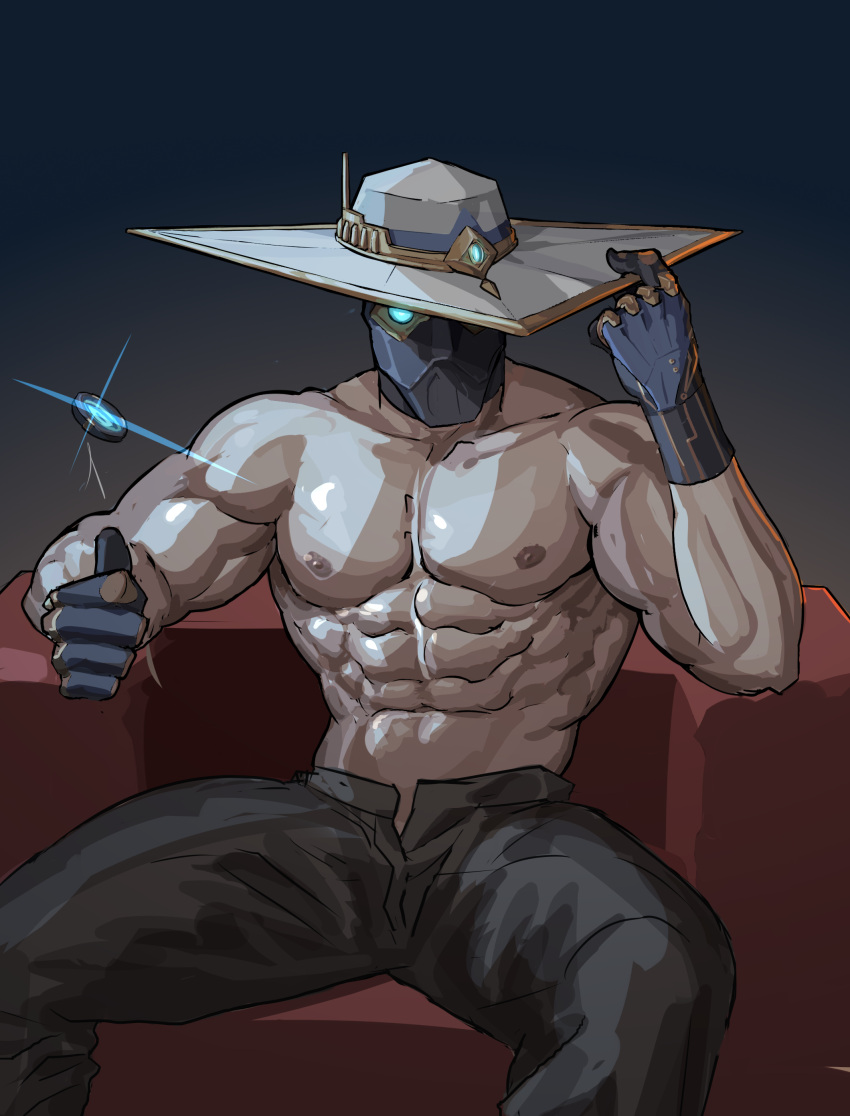 1boy abs absurdres bad_id bad_pixiv_id bara coin cypher_(valorant) gloves hat highres large_pectorals male_focus mask mature_male muscular muscular_male navel nipples pectorals sedo_(usingincognito) sitting solo topless_male valorant white_hat