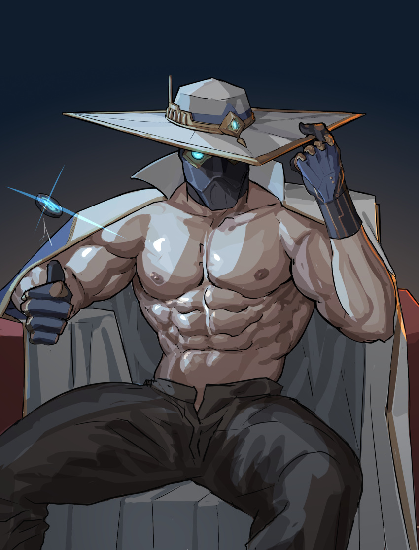 1boy abs absurdres bad_id bad_pixiv_id bara coin cypher_(valorant) gloves hat highres jacket large_pectorals male_focus mask mature_male muscular muscular_male navel nipples pectorals sedo_(usingincognito) sitting solo valorant white_hat white_jacket