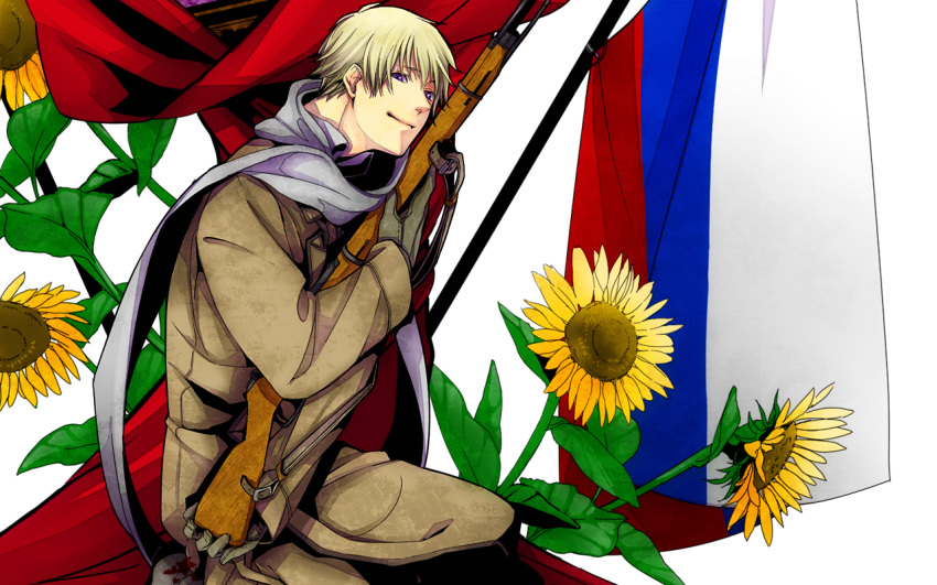 1boy axis_powers_hetalia blonde_hair flag flower gun male_focus military military_uniform photoshop_(medium) purple_eyes rifle russia_(hetalia) russian_flag scarf solo sunflower todoroki_sora uniform weapon