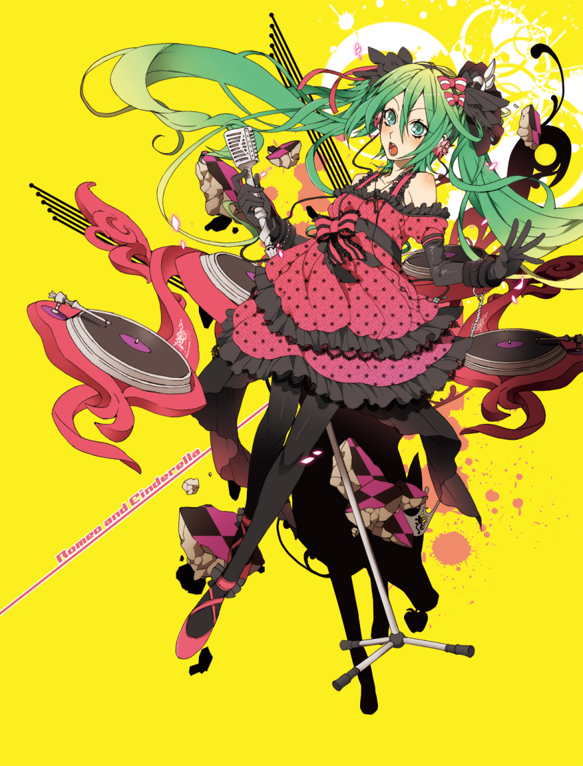 commentary_request crown dress elbow_gloves female flower gloves green_eyes green_hair hair_ribbon hatsune_miku headphones high_heels highres legs long_hair microphone microphone_stand open_mouth pantyhose petals ribbon romeo_to_cinderella_(vocaloid) rose sena_(mineruba) shoes solo twintails vintage_microphone vocaloid