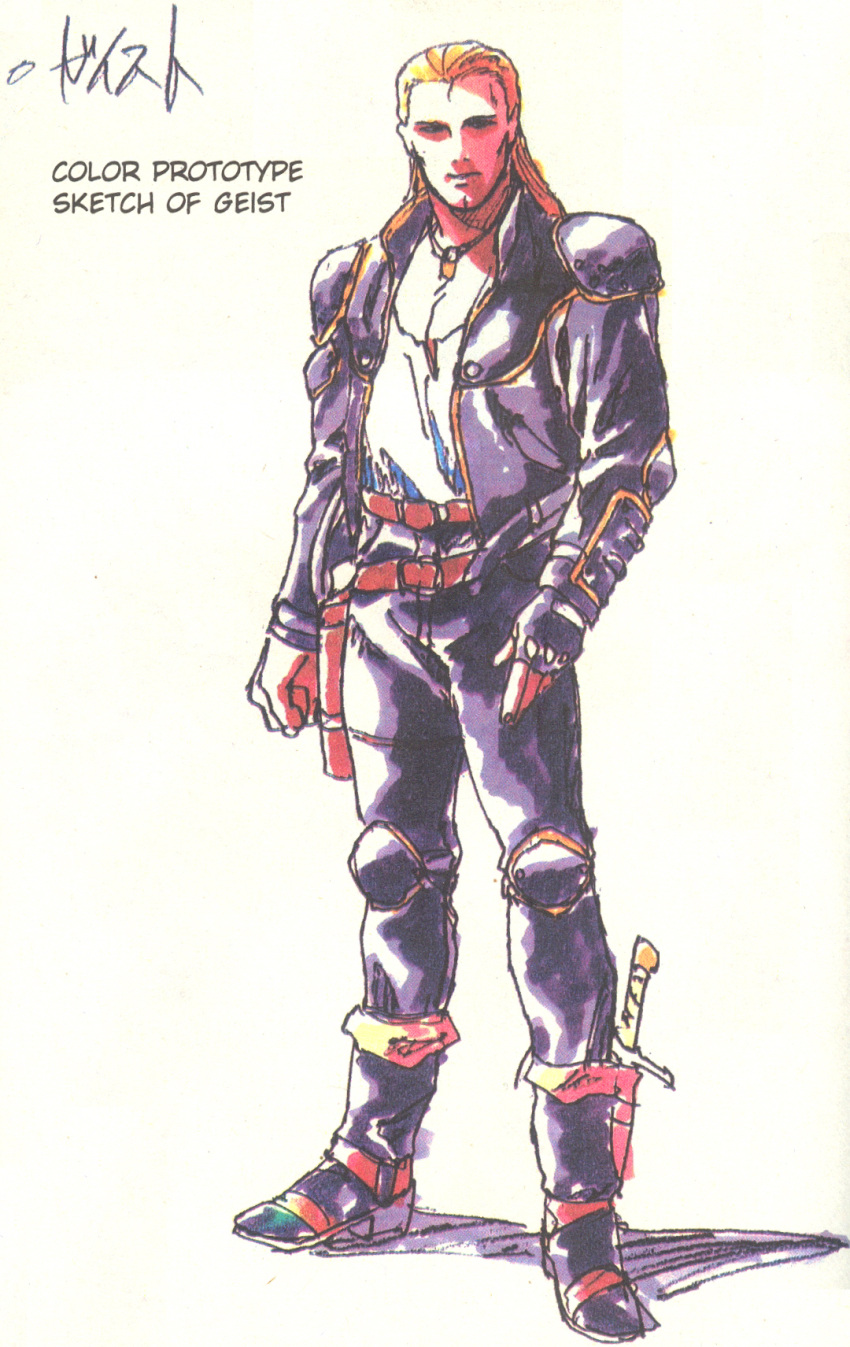 1990s_(style) 1boy boots concept_art highres jacket knife leather leather_jacket m.d._geist male_focus retro_artstyle solo