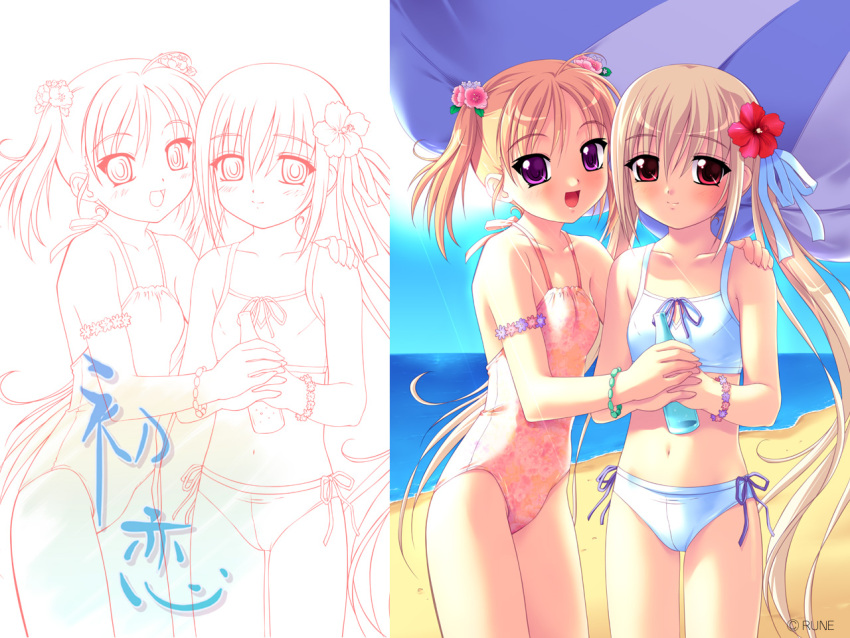 2girls beach bikini blonde_hair bottle day flat_chest flower hair_flower hair_ornament hatsukoi hatsushima_anzu hibiscus long_hair multiple_girls nonohara_miki ocean one-piece_swimsuit pink_flower purple_eyes red_eyes red_flower ribbon shiina_yusumi short_hair swimsuit tankini twintails