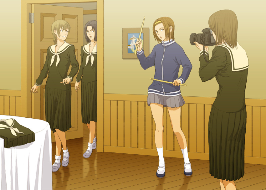 4girls :< bad_id bad_pixiv_id blonde_hair camera cosplay drumsticks jacket joe_(milkcrown) k-on! lillian_girls'_academy_school_uniform look-alike maria-sama_ga_miteru mizuno_youko multiple_girls pleated_skirt sakuragaoka_high_school_uniform satou_sei school_uniform shoes skirt tainaka_ritsu tainaka_ritsu_(cosplay) takeshima_tsutako tomboy torii_eriko track_jacket uwabaki walk-in