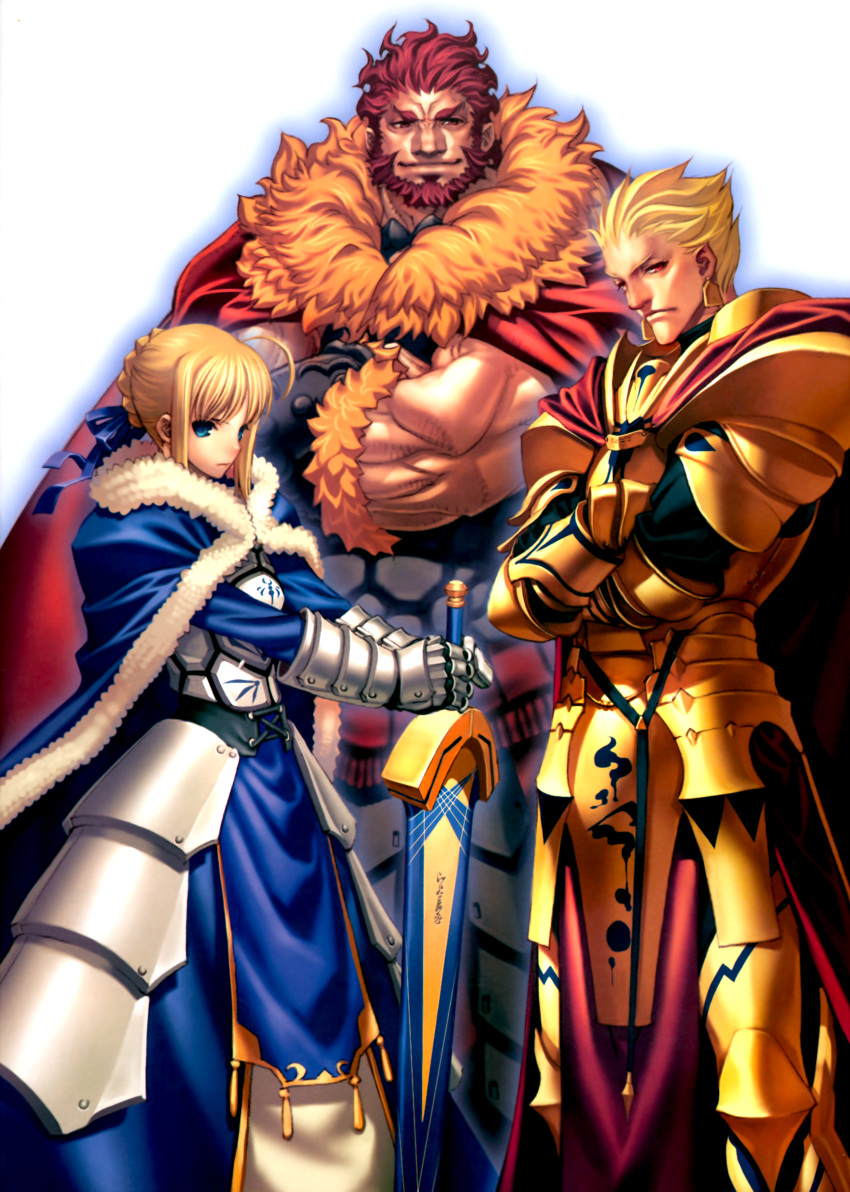 2boys absurdres ahoge armor artoria_pendragon_(fate) avalon_(fate/stay_night) beard blonde_hair blue_cloak blue_eyes cloak earrings excalibur_(fate/stay_night) facial_hair fate/zero fate_(series) female fur-trimmed_cloak fur_trim gauntlets gilgamesh_(fate) highres holding holding_sword holding_weapon iskandar_(fate) itou_ben jewelry multiple_boys non-web_source planted planted_sword red_eyes red_hair saber_(fate) sheath sheathed short_hair sword third-party_edit weapon