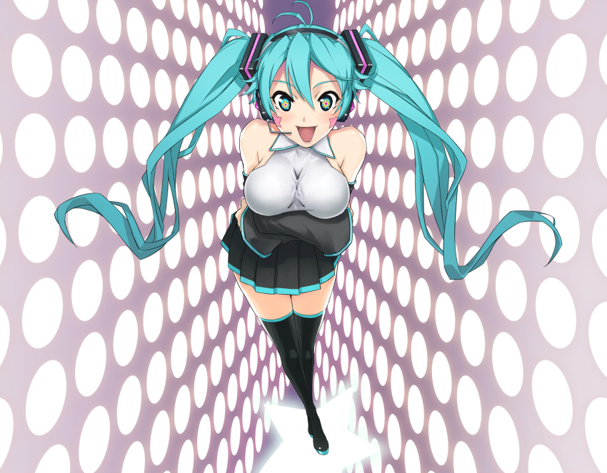 aqua_eyes aqua_hair bad_id bad_pixiv_id bare_shoulders blight_essence breasts cleavage detached_sleeves female hatsune_miku headphones headset highres large_breasts long_hair photoshop_(medium) skirt smile solo star_(symbol) thighhighs twintails very_long_hair vocaloid zettai_ryouiki