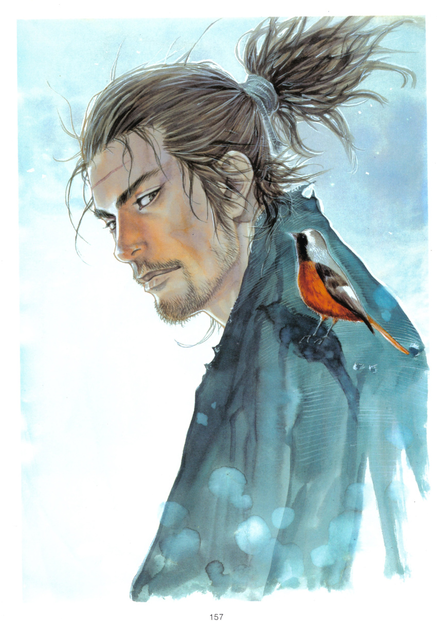 1boy absurdres animal animal_on_shoulder artbook bird bird_on_shoulder highres inoue_takehiko male_focus miyamoto_musashi_(vagabond) photoshop_(medium) scan scar solo vagabond