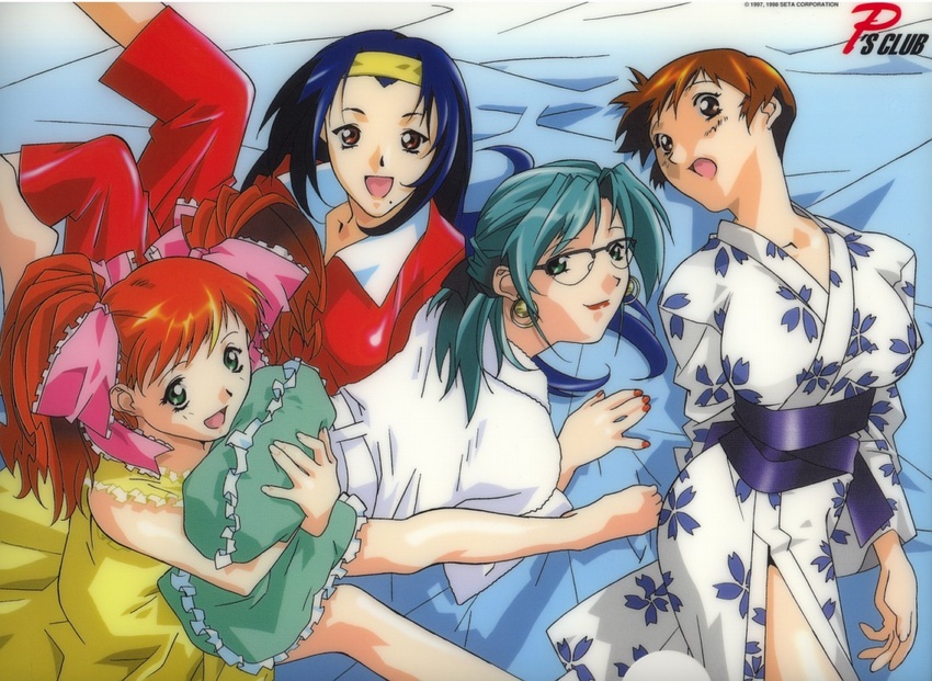 4girls aqua_hair asahina_natsuki asahina_yurina blue_hair brown_eyes brown_hair earrings glasses green_eyes hairband japanese_clothes jewelry kimono lipstick long_hair lying makeup mole mole_under_mouth multiple_girls nail_polish on_back on_stomach open_mouth pajamas pillow randou_serika red_eyes red_hair red_nails short_hair sitting smile super_real_mahjong tanaka_ryou toyohara_etsuko twintails