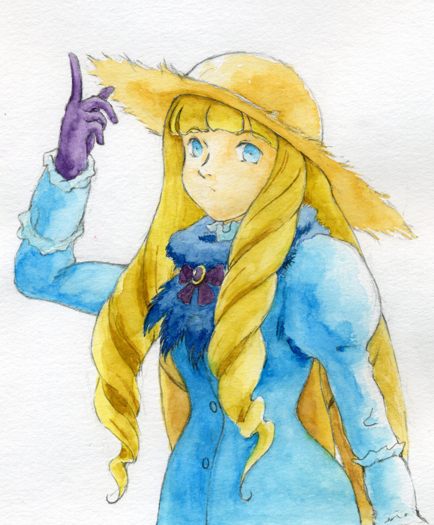 bad_id bad_pixiv_id cosplay dianna_soreil dress female gundam hat highres kihel_heim kihel_heim_(cosplay) painting_(medium) pointing radio_(artist) ringlets scarf solo sun_hat traditional_media turn_a_gundam upper_body watercolor_(medium)