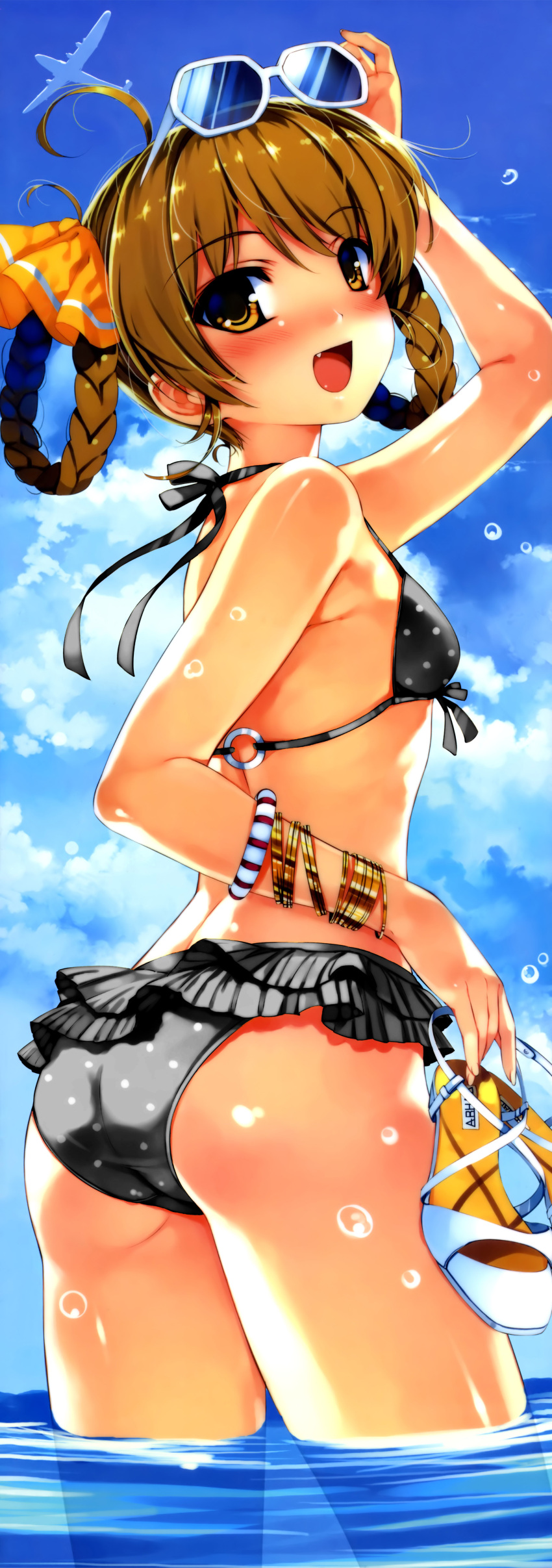 :d absurdres aircraft airplane ass bikini bikini_skirt bracelet braid breasts brown_eyes brown_hair chidori_minamo day eyewear_on_head female highres holding holding_shoes jewelry looking_at_viewer looking_back misaki_kurehito o-ring o-ring_top oerba_yun_fang one_eye_closed open_mouth outdoors polka_dot polka_dot_bikini scan shiny_skin shoes small_breasts smile smile_cubic! solo string_bikini suiheisen_made_nan_mile? sunglasses swimsuit twin_braids wading water