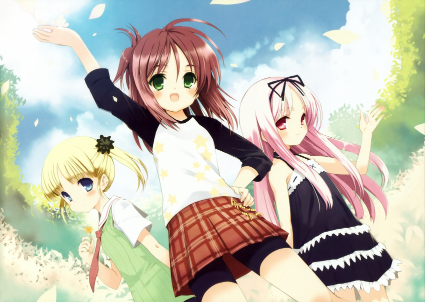 3girls absurdres bike_shorts blonde_hair blue_eyes blush brown_hair cloud day dress flat_chest flower garden_(game) green_eyes highres himemiya_ruri hoshino_erika koin_(foxmark) leaf long_hair multiple_girls nature necktie open_mouth petals pink_eyes pink_hair plaid plaid_skirt raglan_sleeves school_uniform short_twintails skirt sky smile star_(symbol) sundress suzumura_azami twintails