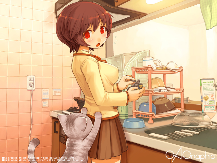 blush bowl brown_hair brown_skirt can cowboy_shot dishes feline female gagraphic holding holding_can indoors kitchen logo long_sleeves miniskirt oerba_yun_fang open_mouth opening_can pet_bowl pet_food pleated_skirt red_eyes school_uniform shigatake short_hair skirt solo surprised tile_wall tiles