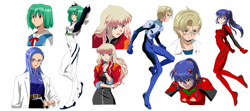 1boy 4girls akagi_ritsuko akagi_ritsuko_(cosplay) ayanami_rei ayanami_rei_(cosplay) bad_id bad_pixiv_id blonde_hair blue_eyes blue_hair cosplay genderswap_(mtf) glasses grace_o'connor green_eyes green_hair highres ikari_shinji ikari_shinji_(cosplay) interface_headset katsuragi_misato katsuragi_misato_(cosplay) lipstick macross macross_frontier makeup mikhail_buran multiple_girls neon_genesis_evangelion neshougatsu orange_eyes parody plugsuit ponytail purple_eyes ranka_lee rule_63 saotome_alto school_uniform sheryl_nome short_hair souryuu_asuka_langley souryuu_asuka_langley_(cosplay)