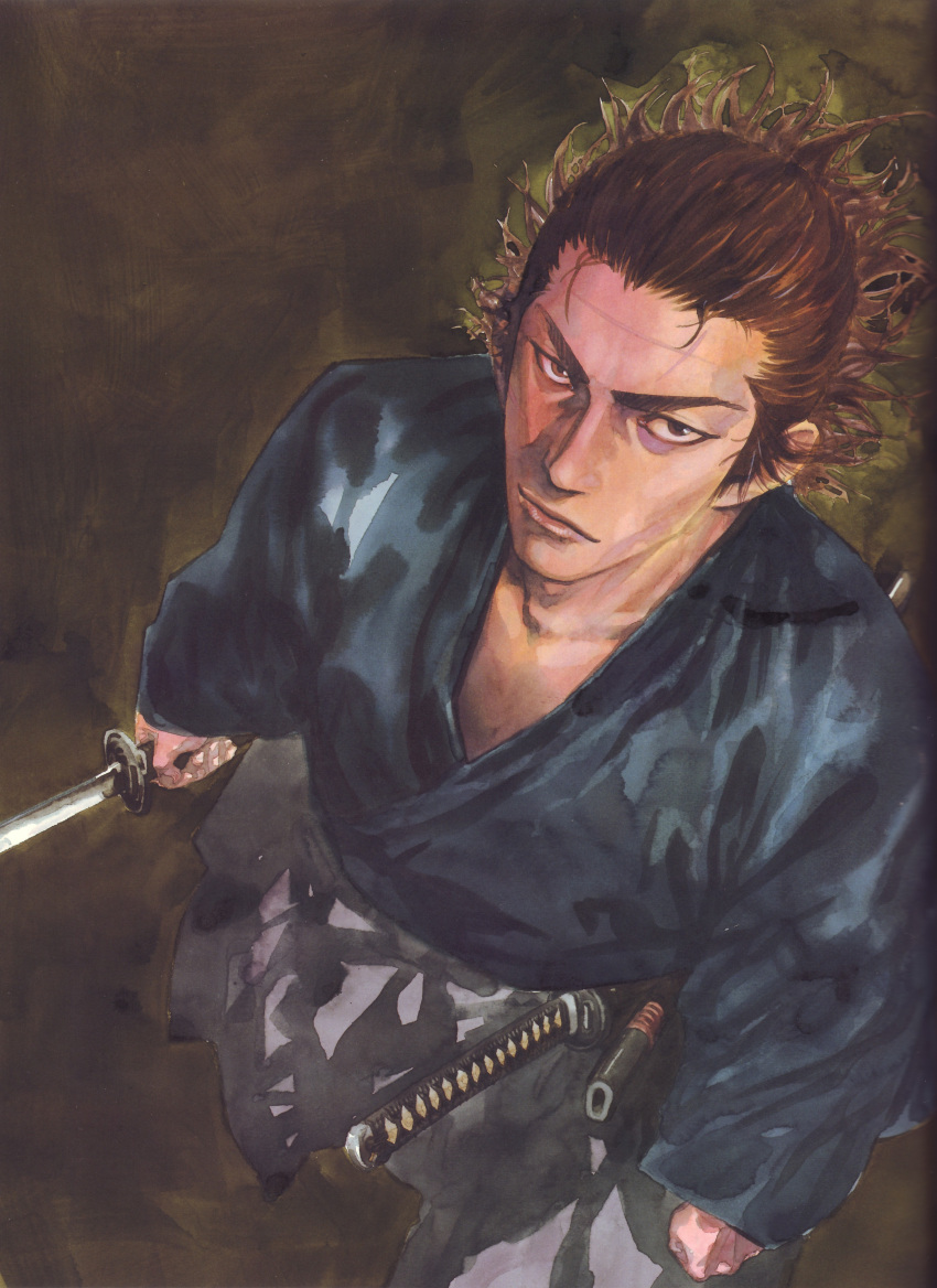 1boy absurdres from_above highres inoue_takehiko japanese_clothes katana male_focus miyamoto_musashi_(vagabond) scan scar solo sword traditional_media vagabond weapon