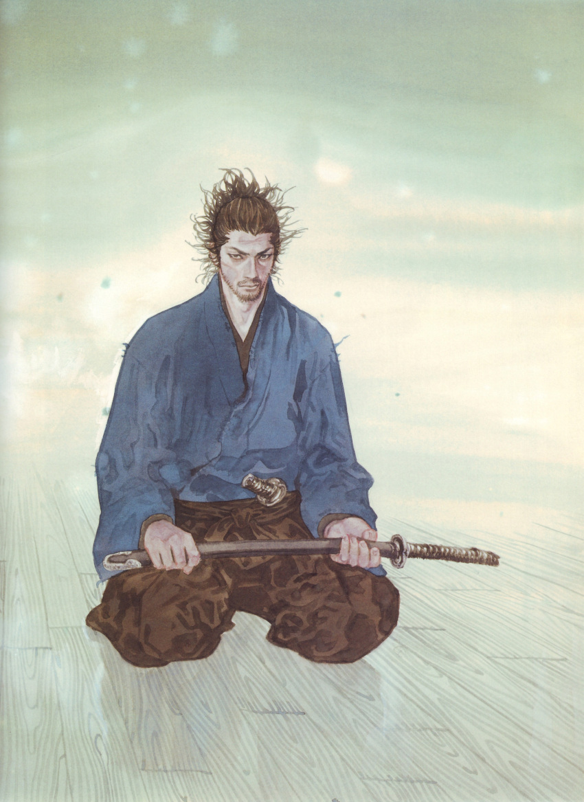 1boy absurdres beard facial_hair highres inoue_takehiko japanese_clothes katana male_focus miyamoto_musashi_(vagabond) scan scar seiza sitting solo sword vagabond weapon