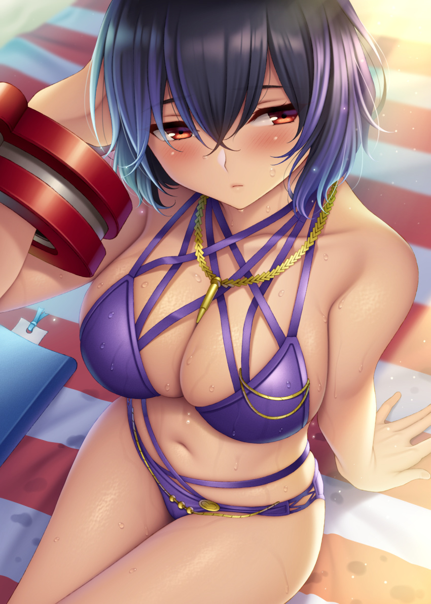 arm_support beach bikini blush breasts cleavage day female god_eater god_eater_resonant_ops highres jewelry large_breasts looking_at_viewer multi-strapped_bikini necklace outdoors purple_bikini purple_hair red_eyes sera_kisaragi short_hair solo swimsuit watanuki_kaname wet