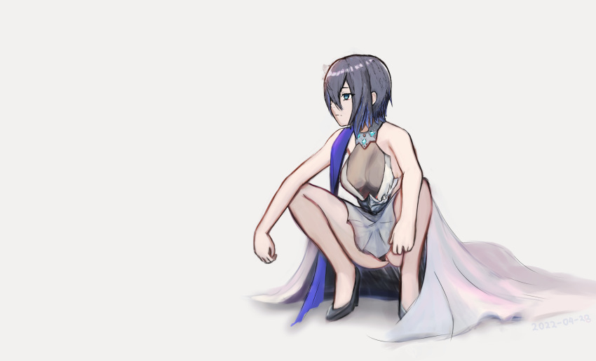 armpits ass backless_outfit bare_arms bare_shoulders black_footwear black_panties blue_eyes blue_gemstone blue_scarf breasts cellix cleavage closed_mouth dress expressionless female flower frown gem girls'_frontline grey_background grey_hair hair_between_eyes hair_flower hair_ornament high_heels highres jewelry medium_breasts official_alternate_costume p22_(girls'_frontline) p22_(waltz_of_fantasy)_(girls'_frontline) panties pantyshot scarf short_hair simple_background solo squatting thighs thong underwear white_dress