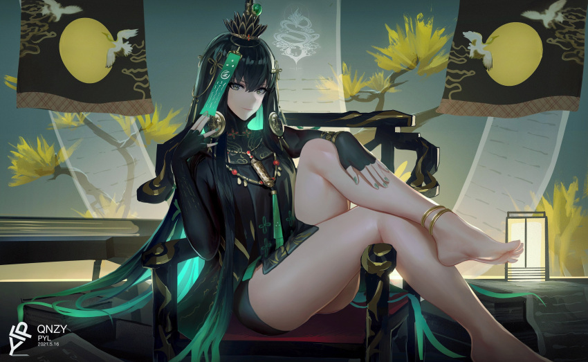 ankleband anklet artist_name bare_legs barefoot black_gloves black_hair chinese_clothes chinese_commentary commentary corrupted_metadata crossed_legs crown dated elbow_gloves feet female fingerless_gloves foot_out_of_frame gloves gradient_hair green_eyes green_hair green_nails hair_between_eyes hair_ornament hand_on_own_leg highres jewelry legs legs_up long_hair looking_at_viewer multicolored_hair nail_polish on_chair punishing:_gray_raven qnzy qu_(punishing:_gray_raven) sitting smile soles solo talisman toes very_long_hair