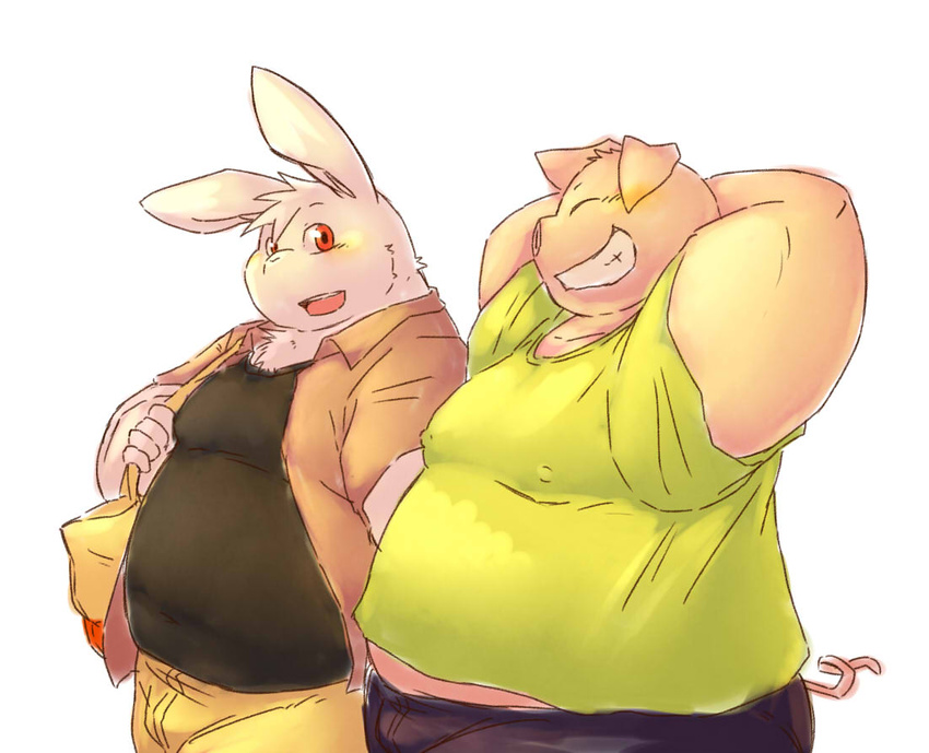 anthro belly chiro_(artist) closed_eyes clothed clothing domestic_pig duo fur hands_behind_head lagomorph leporid male mammal moobs obese obese_male open_mouth open_smile overweight overweight_male rabbit shoulder_bag simple_background smile suid suina sus_(pig) white_background white_body white_fur