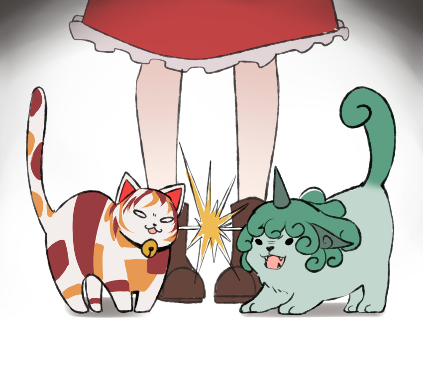 :3 angry animal_collar animal_ears bell boots brown_footwear calico cat_tail chinese_commentary collar commentary curly_hair fangs feet feline female foot_focus frilled_skirt frills goutokuji_mike goutokuji_mike_(cat) green_hair hakurei_reimu highres horns idaku imminent_fight jingle_bell komainu komano_aunn komano_aunn_(komainu) lightning_glare lower_body open_mouth patchwork_skin pigeon-toed red_skirt single_horn skirt solid_oval_eyes standing tail tongue touhou unconnected_marketeers