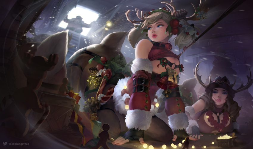 1other 2021 3girls antlers balloon bell blonde_hair blue_eyes breasts brown_fur brown_hair centauroid christmas cleavage detached_sleeves eyeshadow freckles fur_trim hair_bobbles hair_ornament hat head_wreath highres horns kopianget large_breasts lips long_hair looking_at_another makeup monster_girl multiple_girls original short_twintails tail taur tongue tongue_out twintails