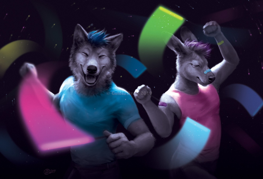 2019 5_fingers anthro black_nose blue_hair canid canine canis closed_eyes clothed clothing digital_media_(artwork) duo fingers glowstick glowsticking glowstringing goldendruid hair hi_res kangaroo macropod male mammal marsupial open_mouth poi rave smile teeth tongue wolf