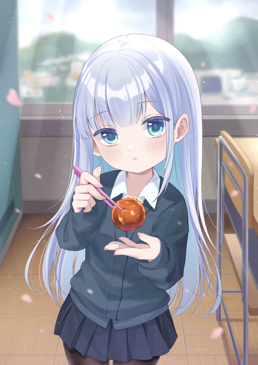 absurdres aharen-san_wa_hakarenai aharen_reina black_pantyhose blue_eyes blue_hair blue_jacket blue_skirt blunt_bangs blush chopsticks classroom collared_shirt cowboy_shot daimaru-kun female fingernails food highres holding holding_chopsticks indoors jacket light_blue_hair long_hair long_sleeves looking_at_viewer meatball open_mouth pantyhose pleated_skirt school_uniform shirt skirt solo standing straight_hair very_long_hair