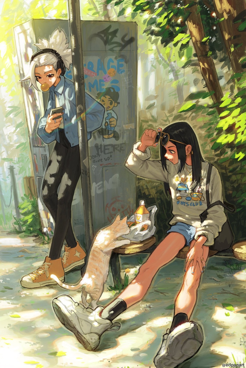 2girls adjusting_eyewear backpack bag black_legwear black_pants blowing_bubbles blue_eyes blue_jacket blue_nails blue_shorts bottle cellphone chewing_gum commentary earrings edpan english_commentary eyewear_on_head feline fingernails forest hand_in_pocket headphones highres holding holding_phone jacket jewelry long_sleeves mole mole_under_eye multiple_girls nail_polish nature open_clothes open_jacket orange_footwear original pants phone plastic_bag ring shirt shoes short_shorts shorts sitting smartphone smile socks standing sunglasses tree twitter_username white_footwear white_hair white_shirt