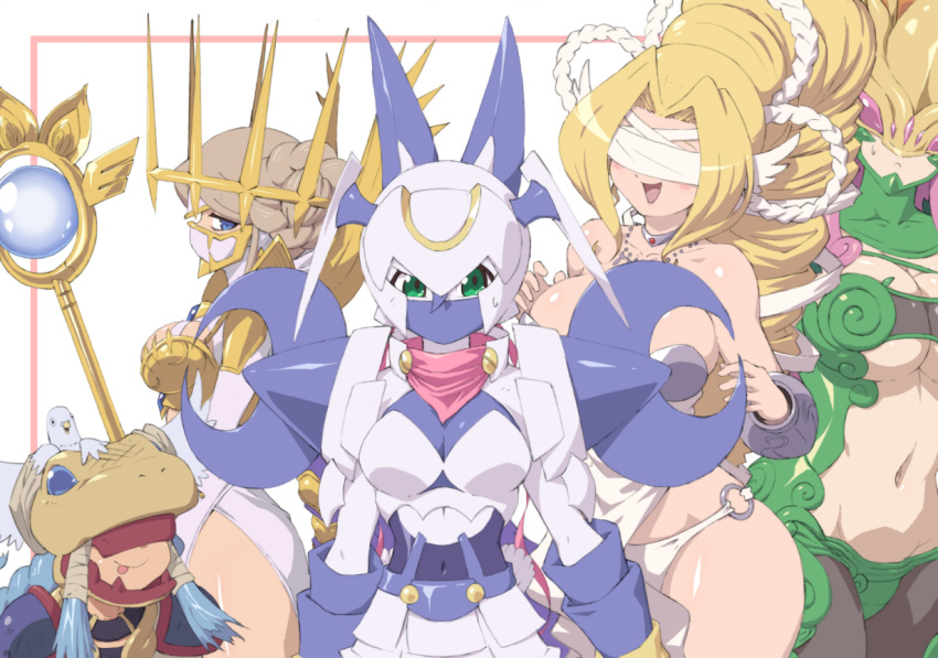 5girls :< :d :p absurdly_long_hair animal_on_head armor bare_shoulders bird bird_on_head black_tube_top blindfold blonde_hair blue_eyes blue_hair blush_stickers bodystocking boobplate braid braided_bun breastplate breasts ceresmon ceresmon_medium choker cleavage closed_mouth collarbone commentary covered_eyes covered_navel cowboy_shot cropped_jacket crown curly_hair dianamon digimon digimon_(creature) double_bun dove dress flat_chest gauntlets green_eyes grey_hair groin hair_between_eyes hair_bun helmet holding holding_staff jacket jewelry junomon large_breasts long_hair looking_at_viewer mask minervamon mouth_mask multiple_girls navel necklace o-ring o-ring_bottom o-ring_panties olive_(digimon) on_head open_mouth panties parted_bangs pink_hair pink_scarf purple_mask revealing_clothes sasasi scarf see-through see-through_cleavage short_shorts shorts shoulder_armor sidelocks simple_background skirt smile snake_mask staff standing stomach strapless strapless_dress sweat tongue tongue_out tube_top twin_braids underboob underwear vambraces venusmon very_long_hair white_armor white_background white_dress white_jacket white_mask white_shorts white_skirt wing_ears winged_helmet