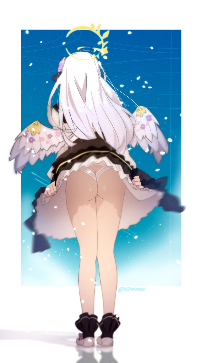 ahoge ass azusa_(blue_archive) black_dress black_socks blue_archive dress facing_away female flower frilled_socks frills from_behind full_body hair_flower hair_ornament halo highres long_hair long_sleeves panties shoes socks solo standing tilt-shift_(azalanz) underwear white_footwear white_hair white_panties white_wings wings