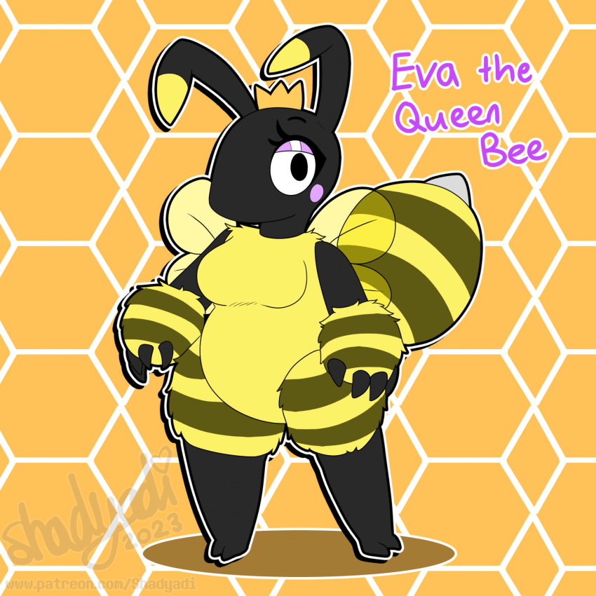 1:1 2023 2_toes 4_fingers 4_wings anthro arthropod artist_name bee biped black_arms black_body black_head black_legs breasts character_name cheek_spots crown english_text eva_the_queen_bee_(shadyadi) featureless_breasts featureless_crotch feet female fingers flat_colors fluffy fluffy_chest fur geometric_background handwritten_text headgear hi_res honeycomb_background hymenopteran insects looking_at_viewer model_sheet mouthless multi_wing outline patreon pink_eyelids purple_text queen_bee shadyadi signature simple_background slightly_chubby slightly_chubby_anthro slightly_chubby_female solo striped_hands striped_legs text three-quarter_view toes translucent translucent_wings url watermark white_outline wings yellow_body yellow_chest yellow_fur yellow_legs