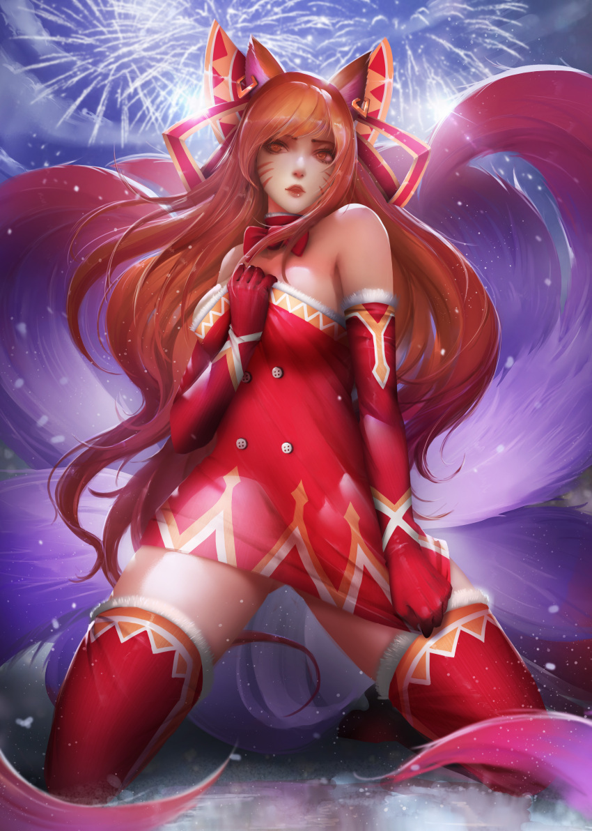 ahri animal_ears christmas dress kitsune league_of_legends tail thighhighs windwalker