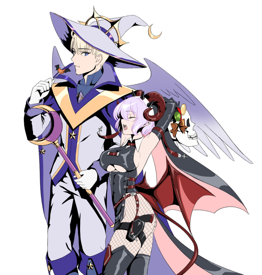 1boy angel_wings axia-chan black_gloves blonde_hair breasts crescent demon_horns demon_tail demon_wings elbow_gloves female gloves grey_hair halloween hat highres horns large_breasts leopold_(symphogear) medium_hair senki_zesshou_symphogear senki_zesshou_symphogear_xd_unlimited short_hair tail underboob wings witch_hat yukine_chris