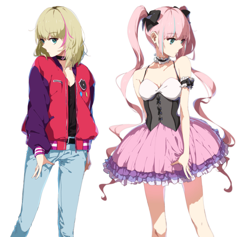 2girls absurdres belt belt_buckle blonde_hair blue_eyes blue_hair breasts breasts_apart buckle choker collarbone commentary denim dress dual_persona ena1215 frilled_dress frills highres idol jacket jeans kawai_rika letterman_jacket long_hair long_sleeves medium_hair multicolored_hair multiple_girls pants pink_hair sidelocks sleeveless sleeveless_dress small_breasts streaked_hair twintails very_long_hair wonder_egg_priority