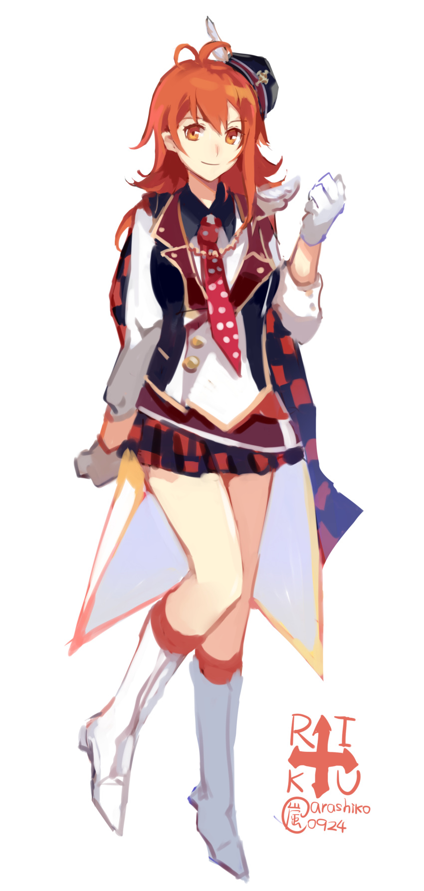 absurdres antenna_hair bad_id bad_pixiv_id black_hat boots character_name checkered_clothes checkered_skirt closed_mouth female full_body genderswap_(mtf) gloves hair_between_eyes hat highres idolish7 jacket lanlanlu_(809930257) long_hair long_sleeves looking_at_viewer mini_hat miniskirt nanase_riku necktie orange_eyes orange_hair pleated_skirt polka_dot_necktie red_necktie rule_63 simple_background skirt smile solo standing standing_on_one_leg white_background white_footwear white_gloves white_jacket wing_collar